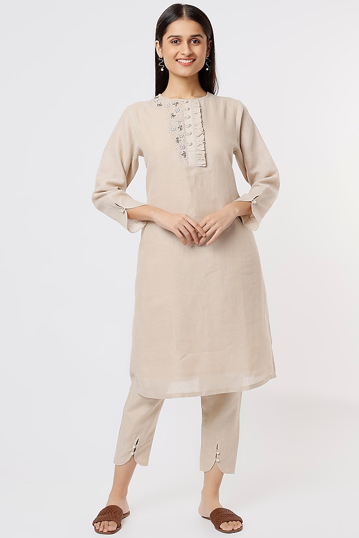 Beige Linen Embroidered Kurta Set by House of THL