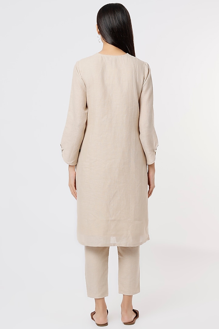 Beige Linen Embroidered Kurta Set by House of THL at Pernia's Pop Up Shop