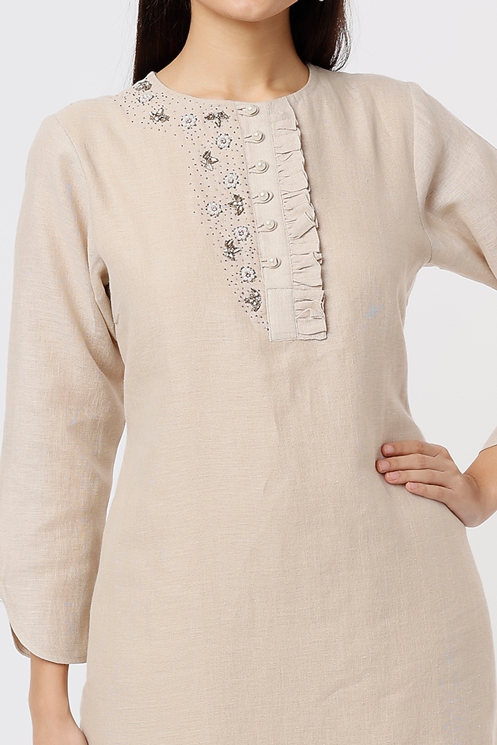 Beige Linen Embroidered Kurta Set by House of THL at Pernia's Pop Up Shop