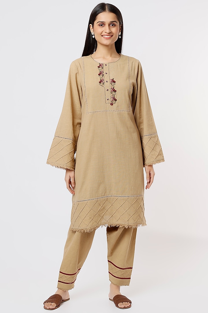 Beige Hand Embroidered Kurta Set by House of THL