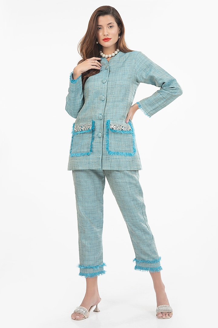 Delphinium Blue Cotton Hessian Pant Set by House of THL