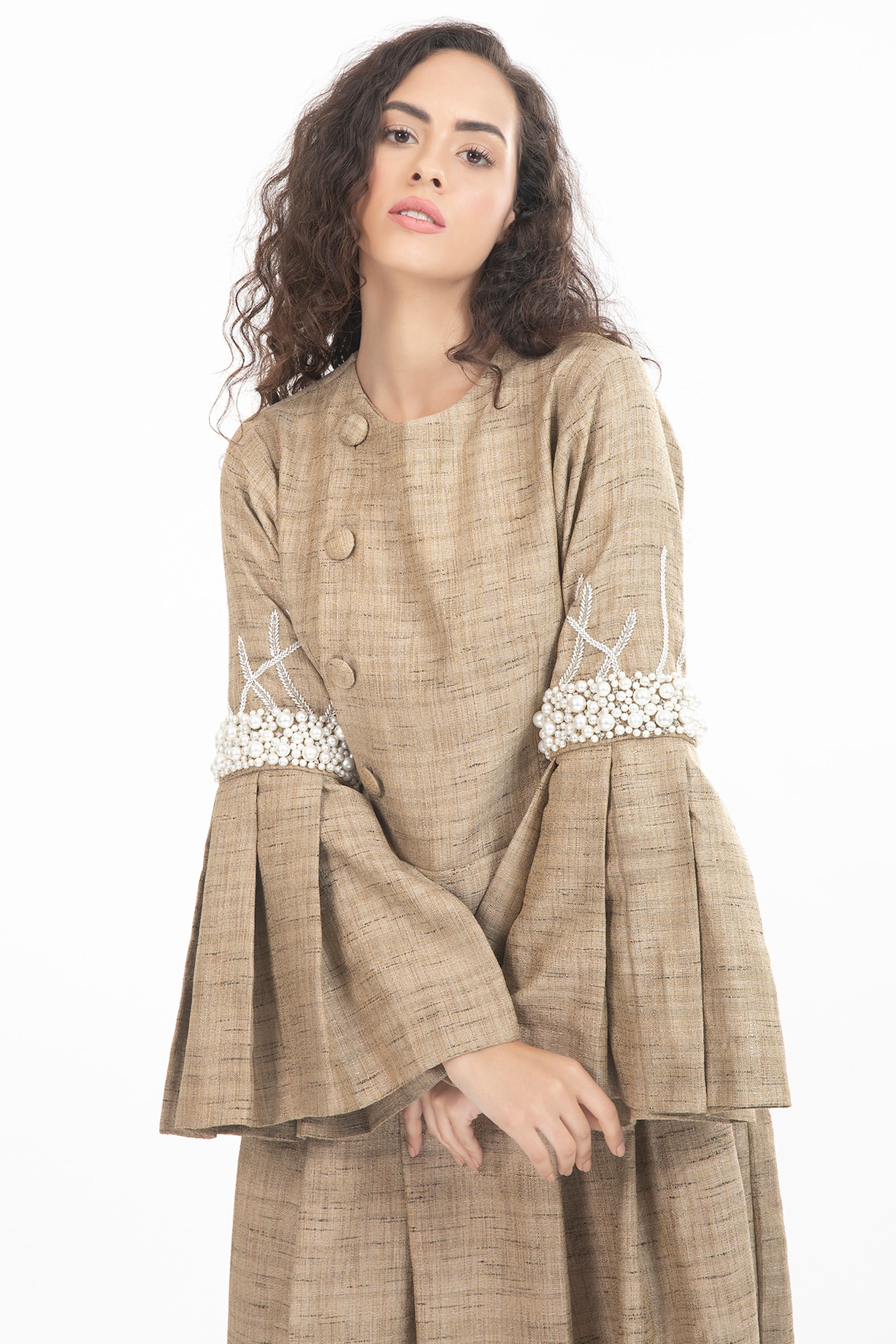 Macadamia Beige Jute Embellished Dress Design by House of THL at Pernia\'s  Pop Up Shop 2024
