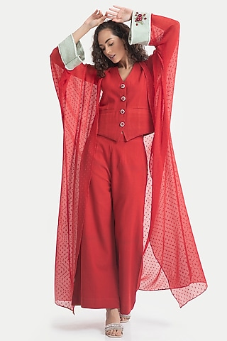 Red Chiffon Dobby Kaftan Set by House of THL