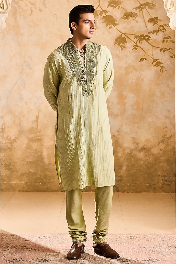 Sage Green Cotton Silk Dori Embroidered Kurta Set by Histori