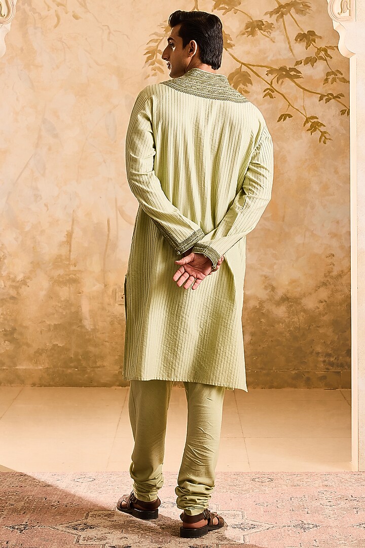 Sage Green Cotton Silk Dori Embroidered Kurta Set by NITIKA GUJRAL MEN at Pernia's Pop Up Shop