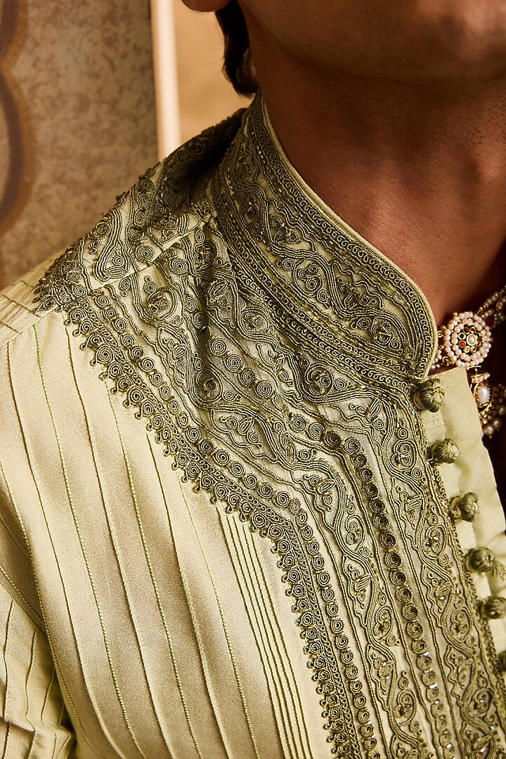 Sage Green Cotton Silk Dori Embroidered Kurta Set by NITIKA GUJRAL MEN at Pernia's Pop Up Shop