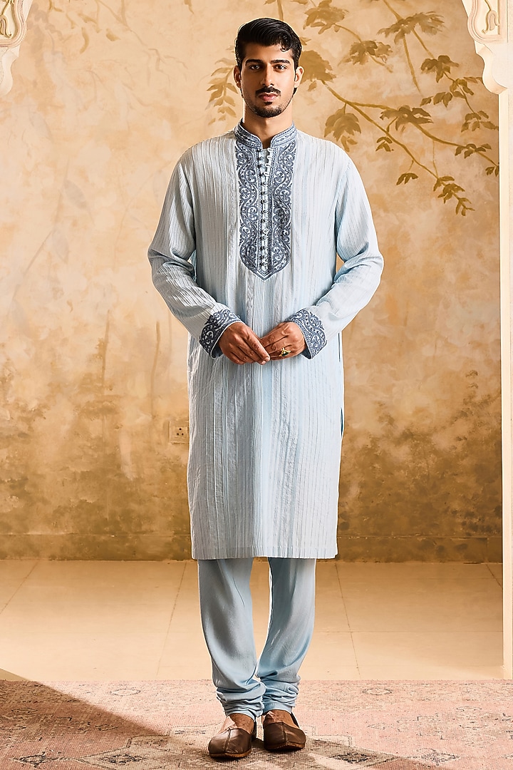 Light Blue Cotton Silk Dori Embroidered Kurta Set by Histori at Pernia's Pop Up Shop