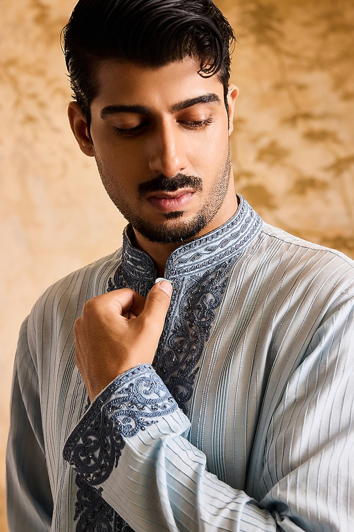 Light Blue Cotton Silk Dori Embroidered Kurta Set by NITIKA GUJRAL MEN at Pernia's Pop Up Shop