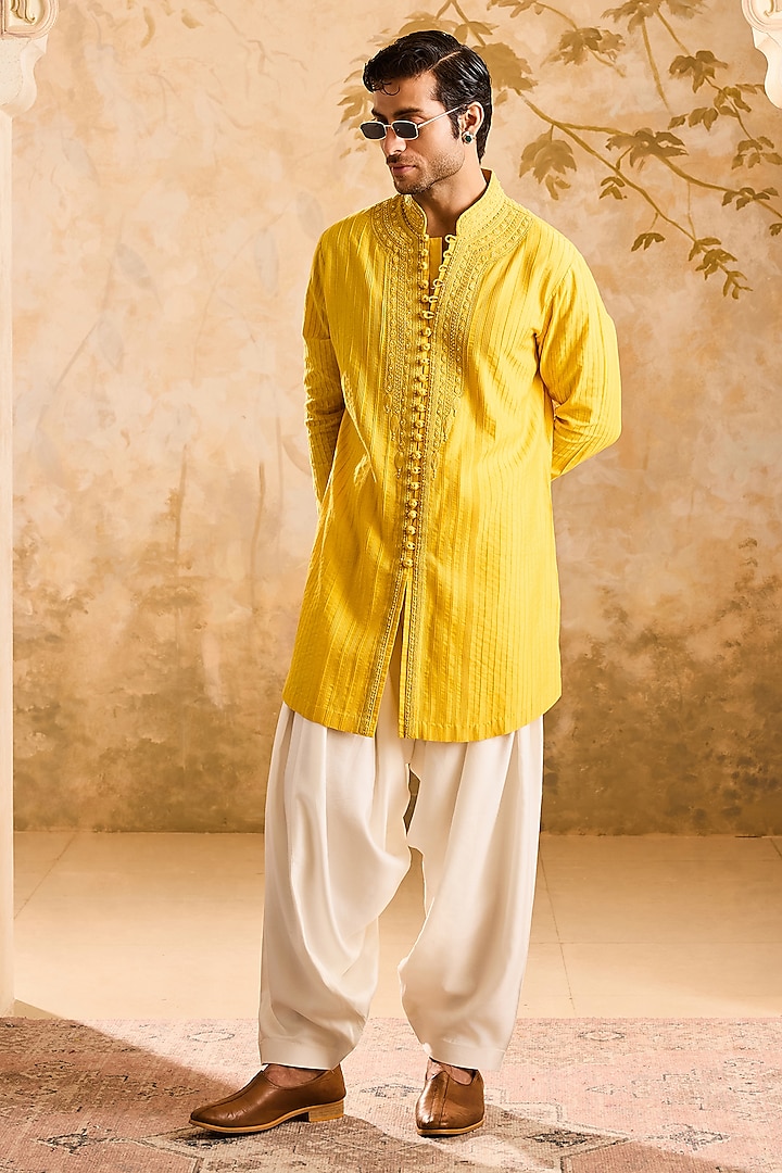 Yellow Cotton Silk Dori Embroidered Kurta Set by NITIKA GUJRAL MEN at Pernia's Pop Up Shop