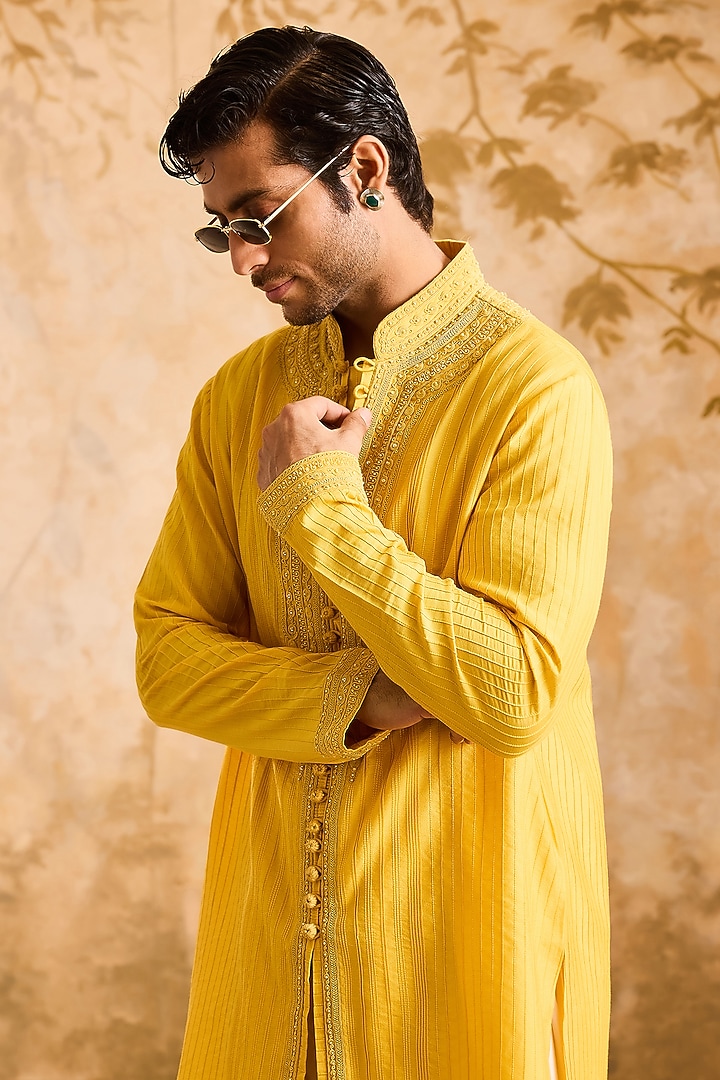 Yellow Cotton Silk Dori Embroidered Kurta Set by NITIKA GUJRAL MEN at Pernia's Pop Up Shop