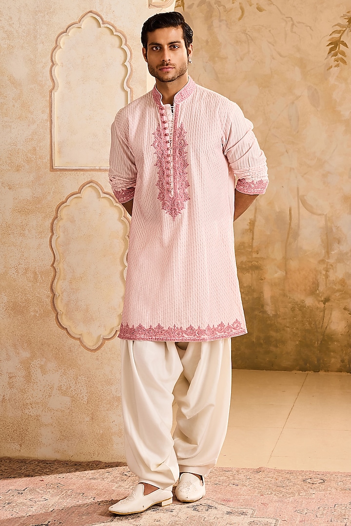 Pink Cotton Silk Dori Embroidered Kurta Set by Histori