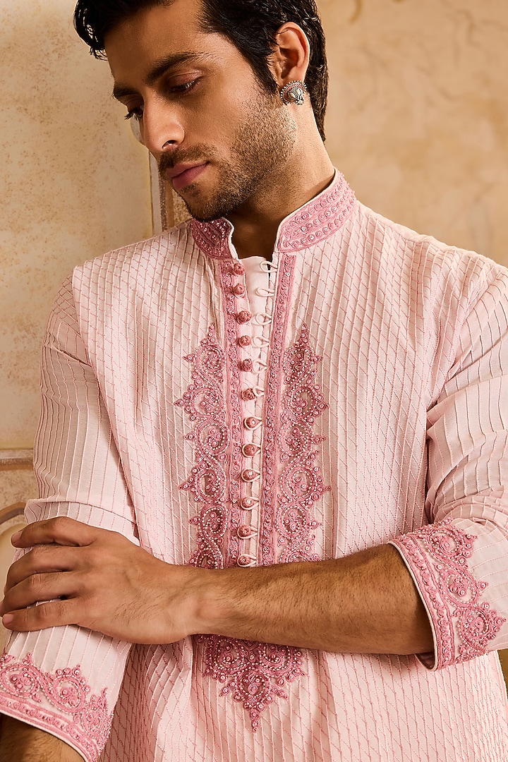 Pink Cotton Silk Dori Embroidered Kurta Set by NITIKA GUJRAL MEN at Pernia's Pop Up Shop
