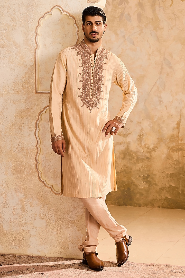 Beige Cotton Silk Dori Embroidered Kurta Set by NITIKA GUJRAL MEN at Pernia's Pop Up Shop