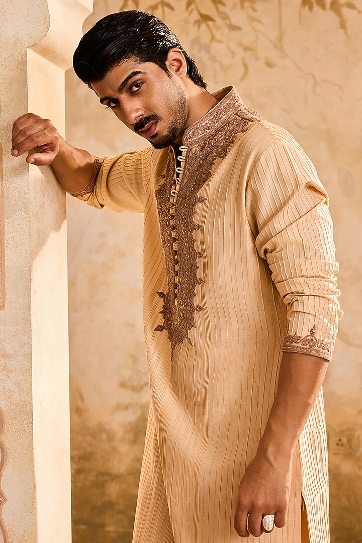 Beige Cotton Silk Dori Embroidered Kurta Set by NITIKA GUJRAL MEN at Pernia's Pop Up Shop