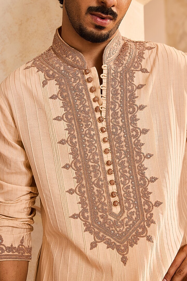 Beige Cotton Silk Dori Embroidered Kurta Set by NITIKA GUJRAL MEN at Pernia's Pop Up Shop