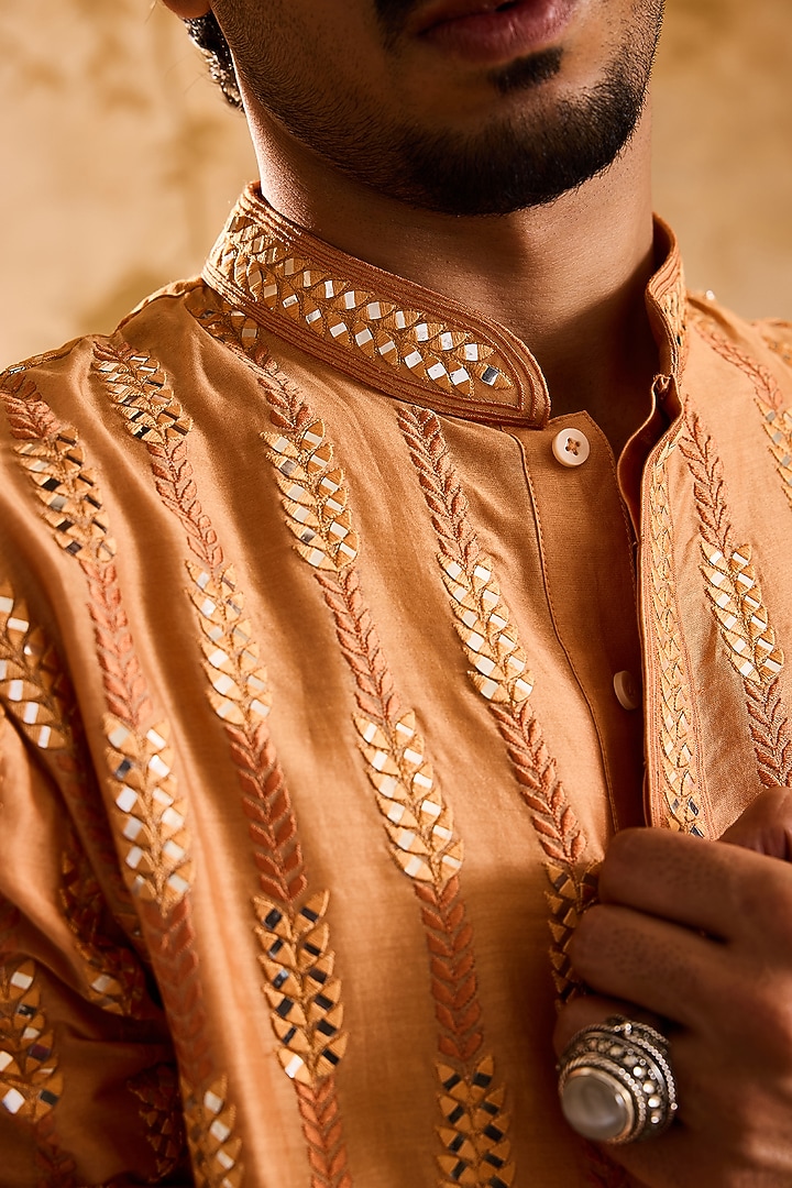 Rust Chanderi Resham Embroidered Kurta Set by NITIKA GUJRAL MEN at Pernia's Pop Up Shop