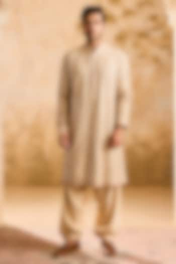 Beige Cotton Silk Mirror Embroidered Kurta Set by Histori at Pernia's Pop Up Shop