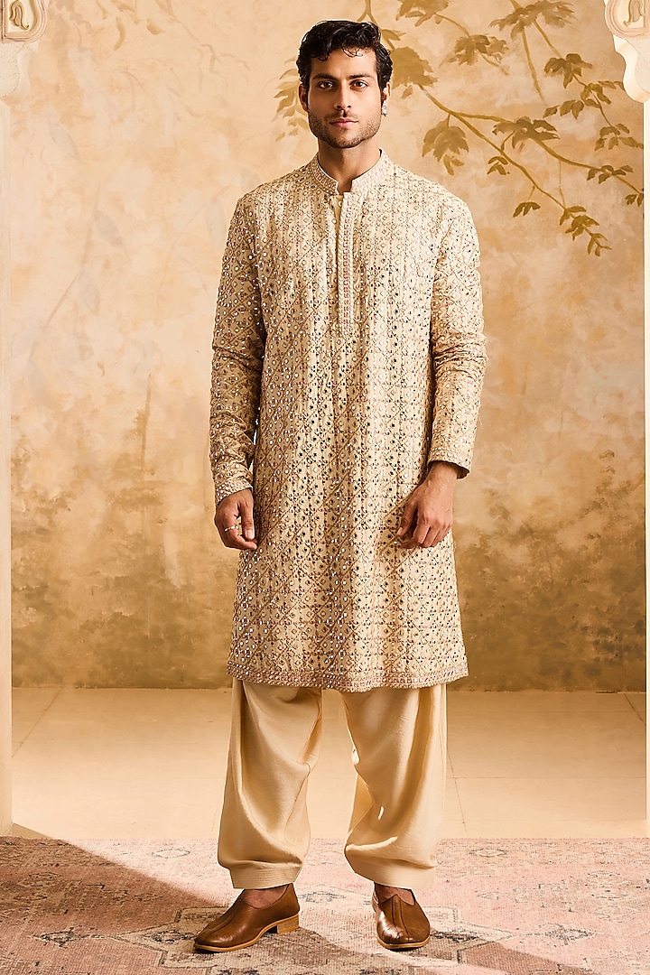 Beige Cotton Silk Mirror Embroidered Kurta Set by Histori at Pernia's Pop Up Shop