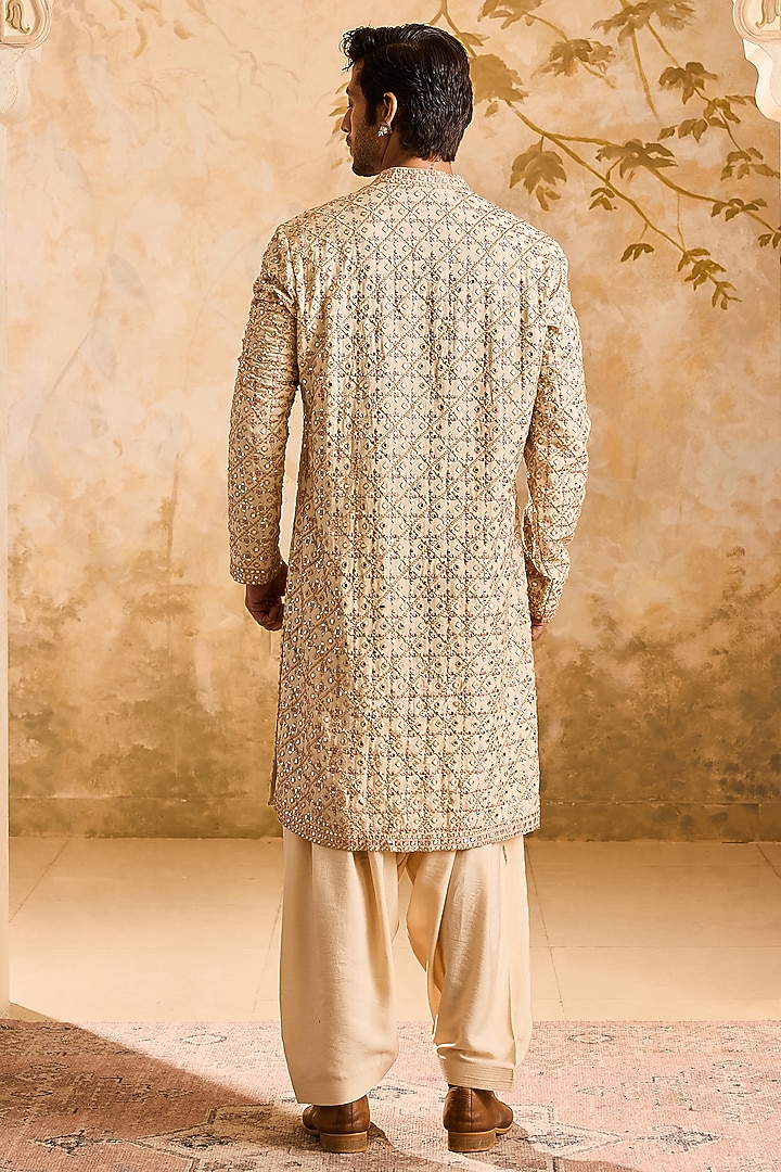 Beige Cotton Silk Mirror Embroidered Kurta Set by NITIKA GUJRAL MEN at Pernia's Pop Up Shop