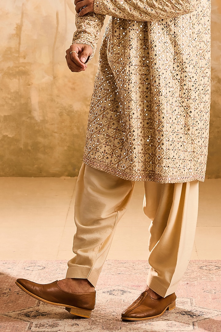 Beige Cotton Silk Mirror Embroidered Kurta Set by NITIKA GUJRAL MEN at Pernia's Pop Up Shop