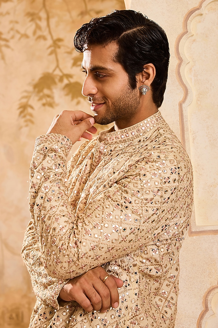 Beige Cotton Silk Mirror Embroidered Kurta Set by NITIKA GUJRAL MEN at Pernia's Pop Up Shop