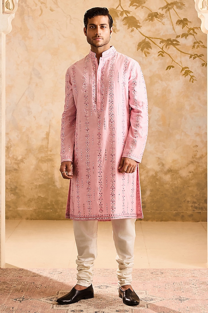 Pink Chanderi Mirror Embroidered Kurta Set by Histori