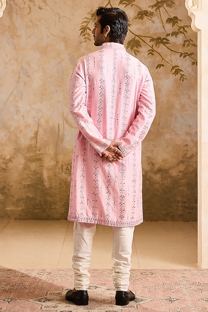Pink Chanderi Mirror Embroidered Kurta Set by NITIKA GUJRAL MEN at Pernia's Pop Up Shop