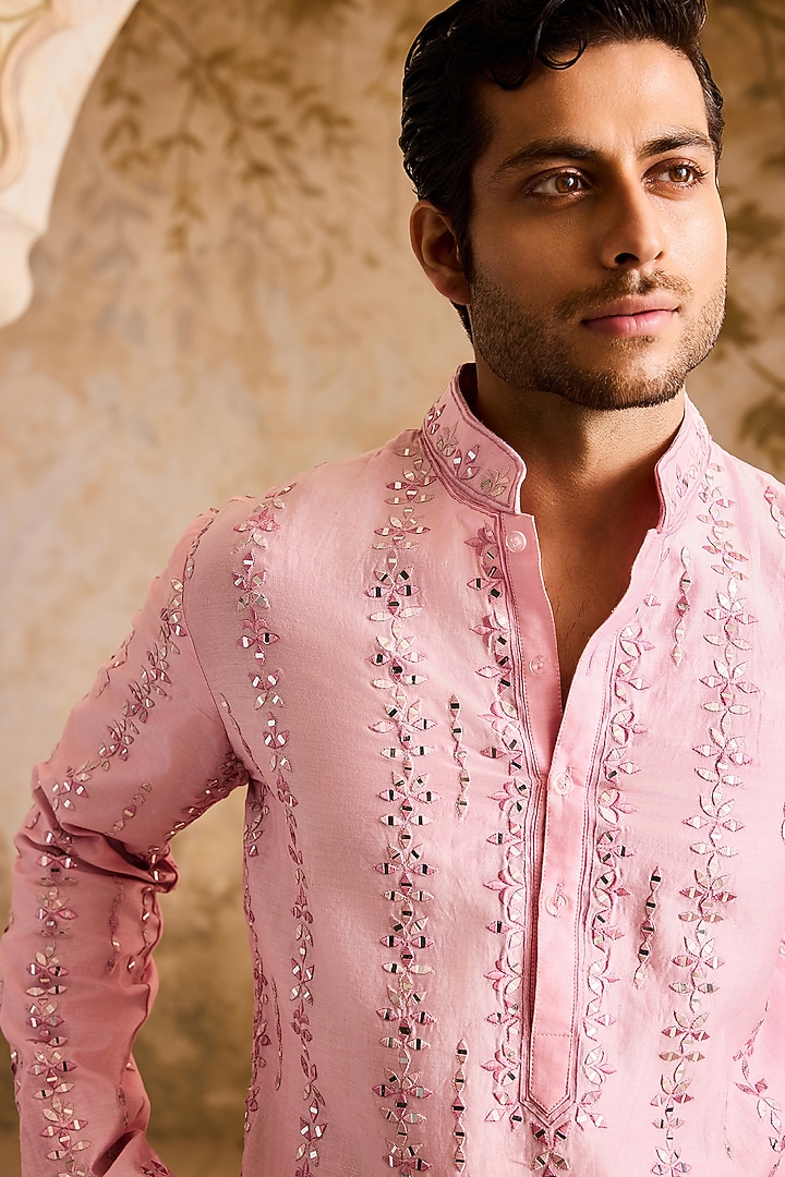 Pink Chanderi Mirror Embroidered Kurta Set by NITIKA GUJRAL MEN at Pernia's Pop Up Shop