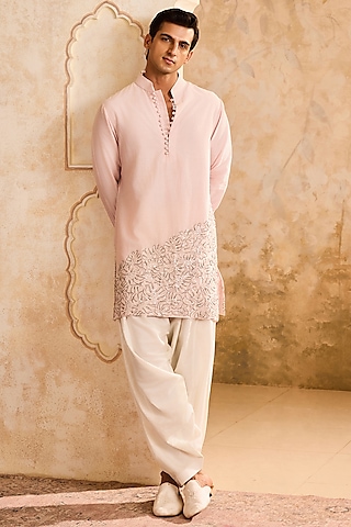 Pink Chanderi Cutdana Embellished Kurta Set by NITIKA GUJRAL MEN