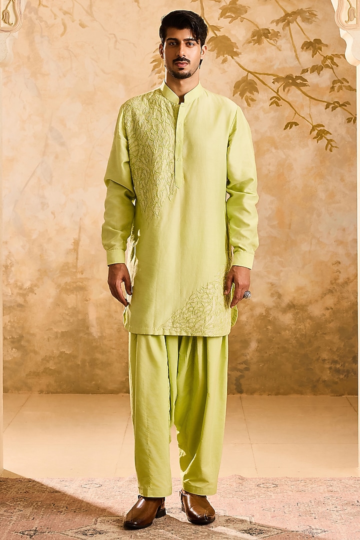Lime Green Chanderi Cutdana Embellished Kurta Set by NITIKA GUJRAL MEN at Pernia's Pop Up Shop