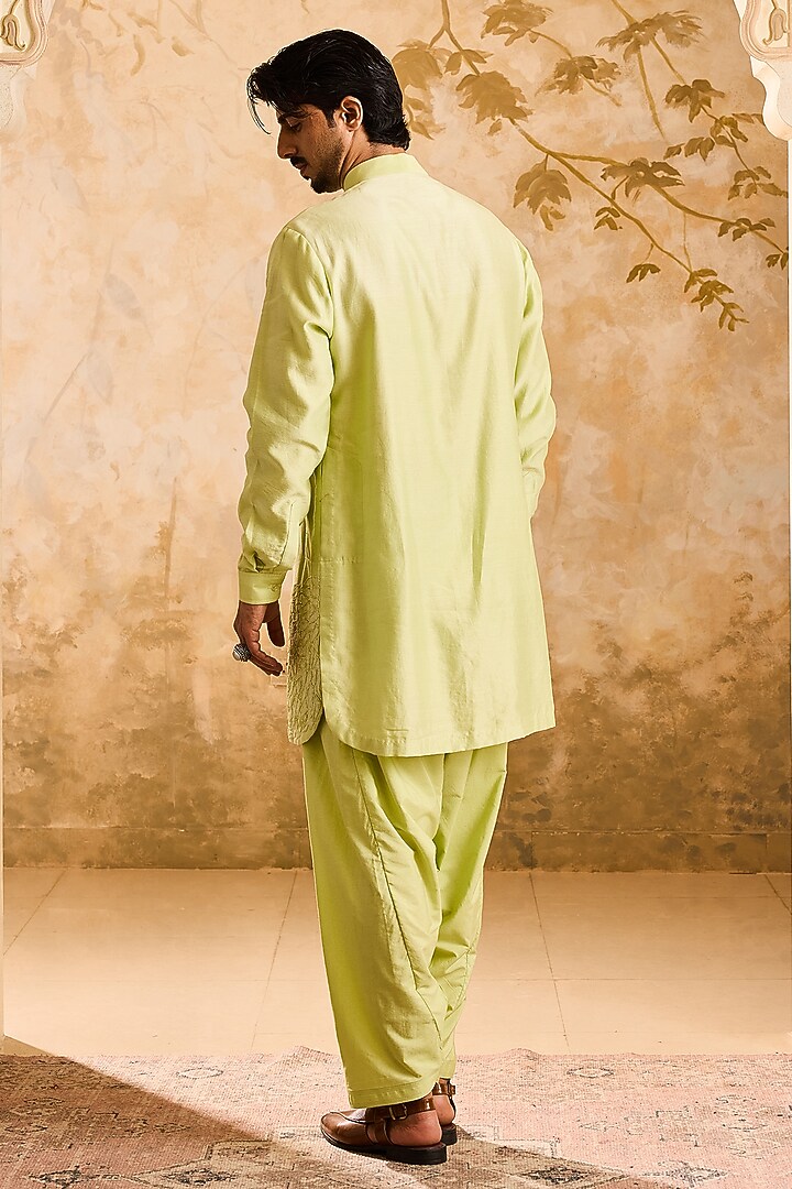 Lime Green Chanderi Cutdana Embellished Kurta Set by NITIKA GUJRAL MEN at Pernia's Pop Up Shop