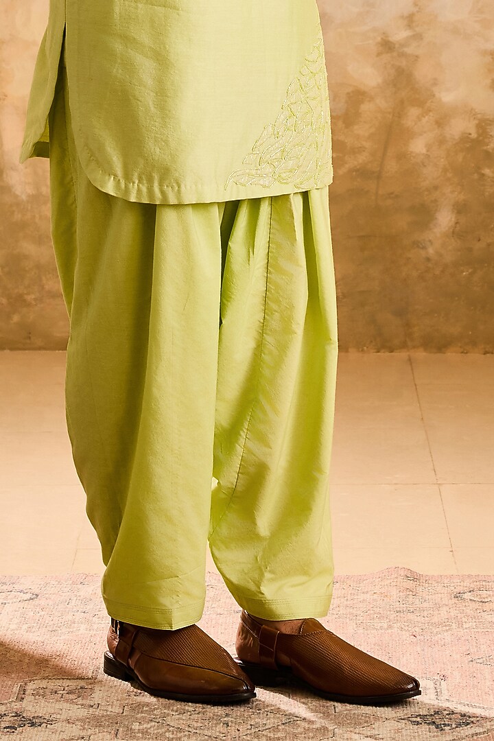Lime Green Chanderi Cutdana Embellished Kurta Set by NITIKA GUJRAL MEN at Pernia's Pop Up Shop