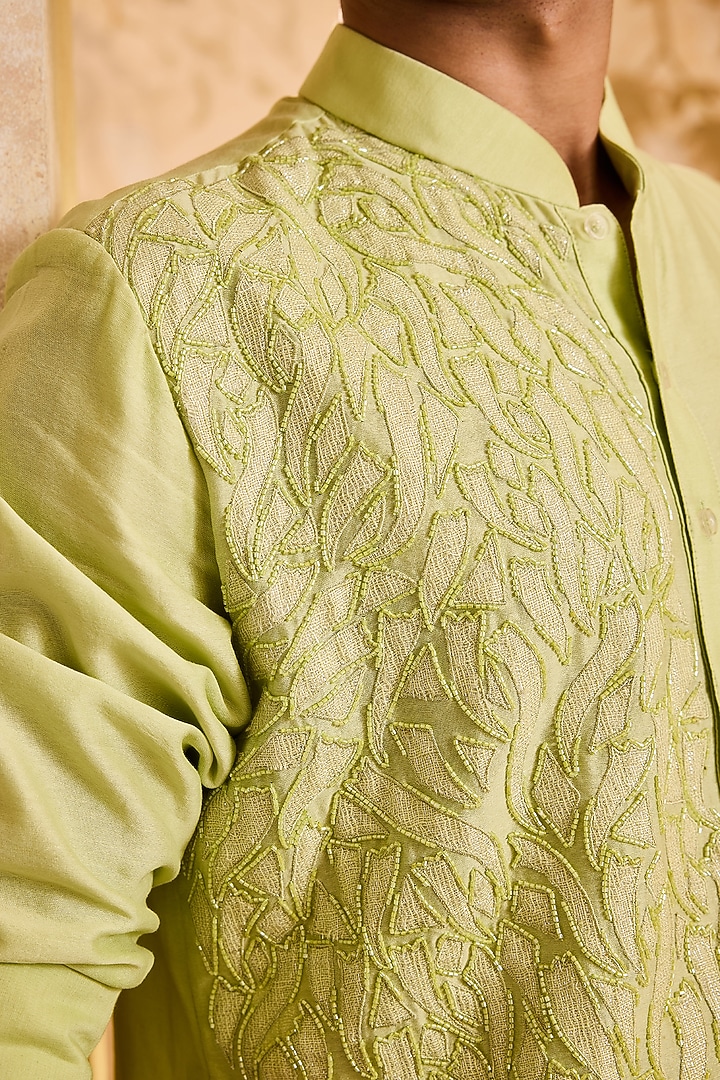 Lime Green Chanderi Cutdana Embellished Kurta Set by NITIKA GUJRAL MEN at Pernia's Pop Up Shop