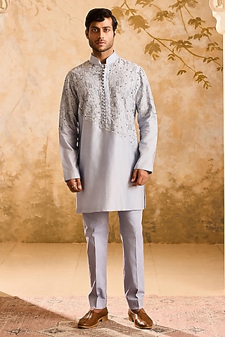 Powder Blue Chanderi Cutdana Embellished Kurta Set by NITIKA GUJRAL MEN
