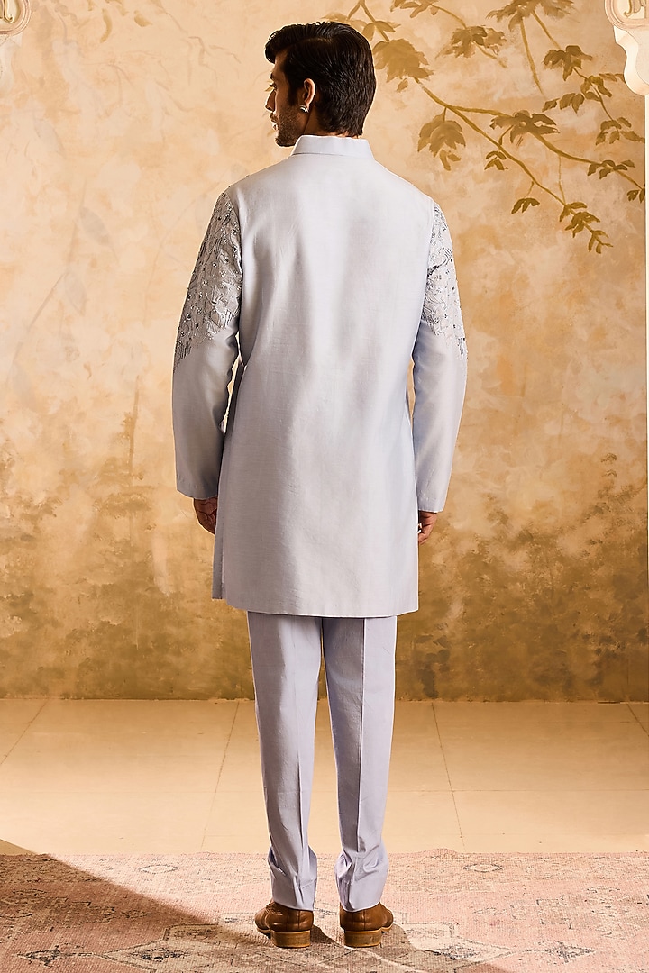 Powder Blue Chanderi Cutdana Embellished Kurta Set by NITIKA GUJRAL MEN at Pernia's Pop Up Shop