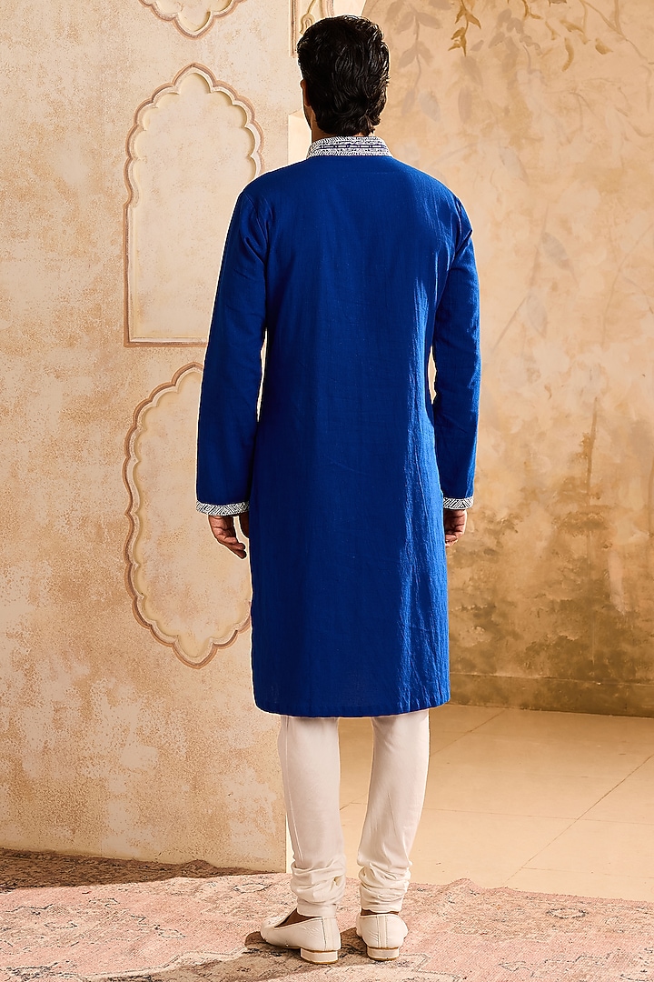 Blue Linen Cutdana Embroidered Kurta Set by NITIKA GUJRAL MEN at Pernia's Pop Up Shop