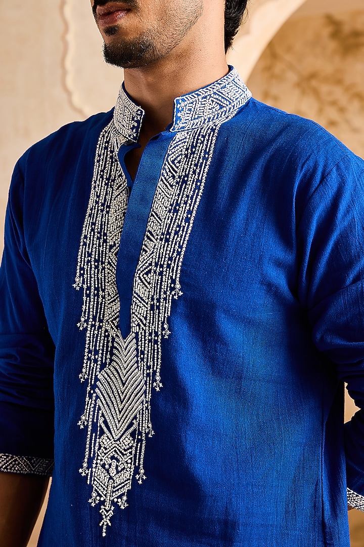 Blue Linen Cutdana Embroidered Kurta Set by NITIKA GUJRAL MEN at Pernia's Pop Up Shop