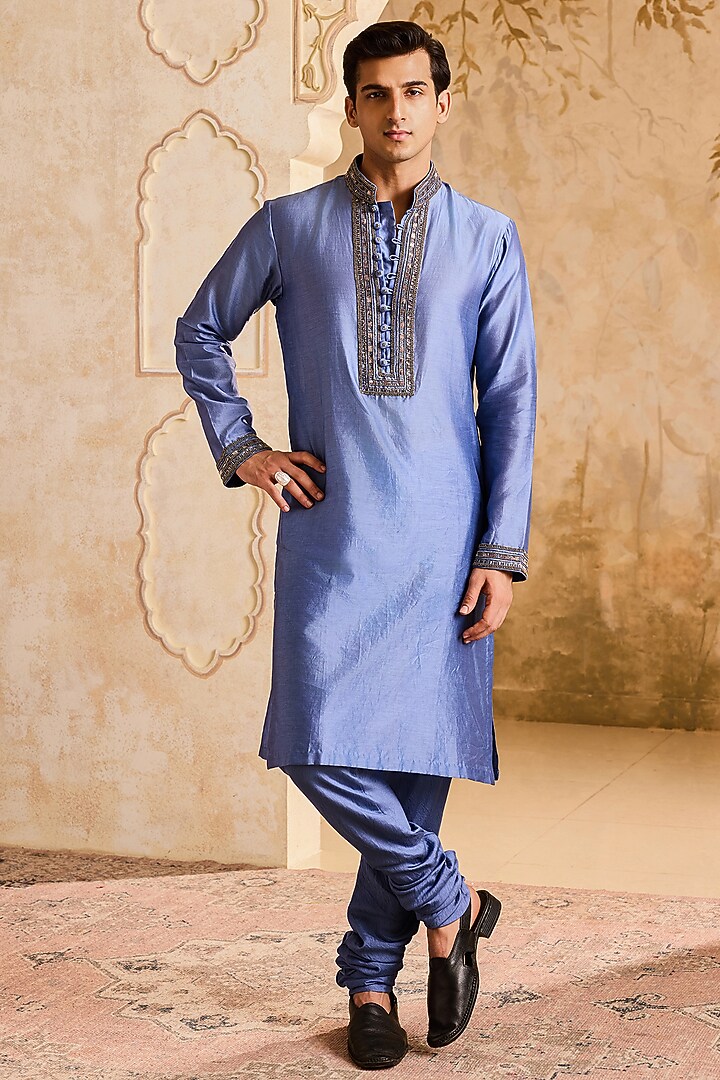 Blue & Grey Chanderi Sequins Embellished Kurta Set by NITIKA GUJRAL MEN at Pernia's Pop Up Shop