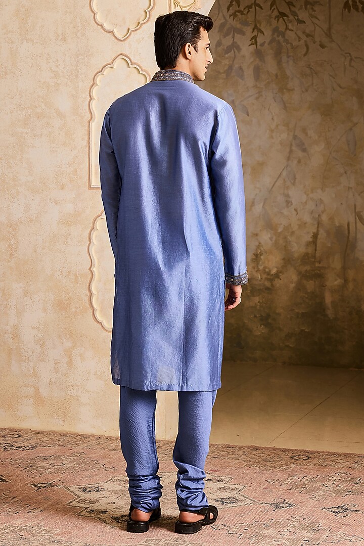 Blue & Grey Chanderi Sequins Embellished Kurta Set by NITIKA GUJRAL MEN at Pernia's Pop Up Shop