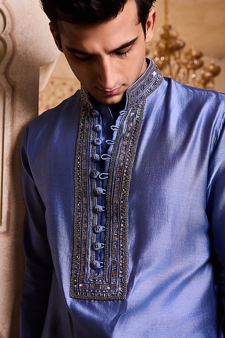 Blue & Grey Chanderi Sequins Embellished Kurta Set by NITIKA GUJRAL MEN at Pernia's Pop Up Shop