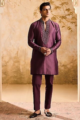 Wine Chanderi Resham Embroidered Kurta Set by NITIKA GUJRAL MEN