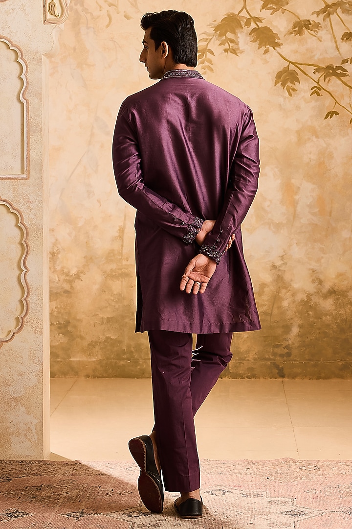 Wine Chanderi Resham Embroidered Kurta Set by NITIKA GUJRAL MEN at Pernia's Pop Up Shop
