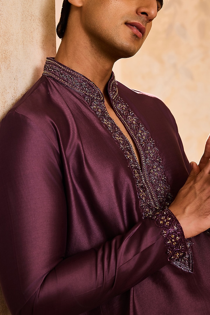 Wine Chanderi Resham Embroidered Kurta Set by NITIKA GUJRAL MEN at Pernia's Pop Up Shop