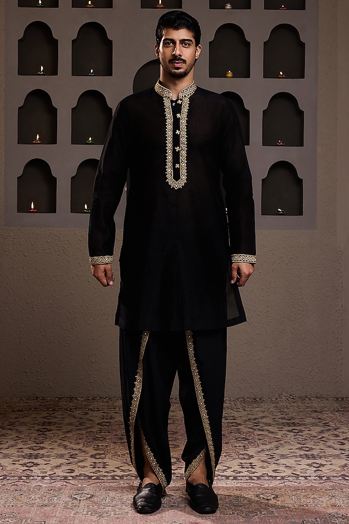 Black Chanderi Resham Embroidered Kurta Set by Histori