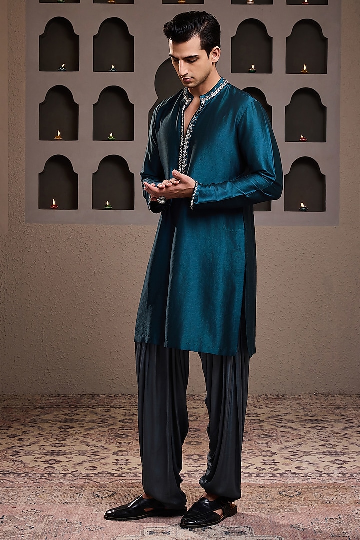 Teal Chanderi Beads Embroidered Kurta Set by Histori