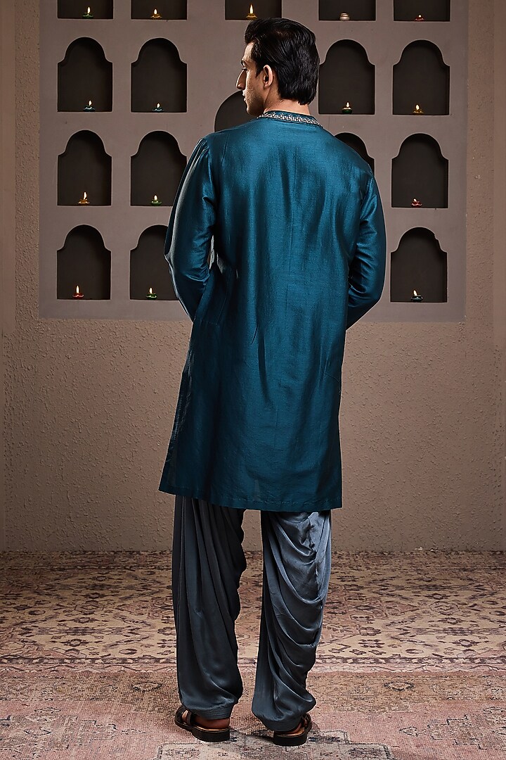 Teal Chanderi Beads Embroidered Kurta Set by NITIKA GUJRAL MEN at Pernia's Pop Up Shop
