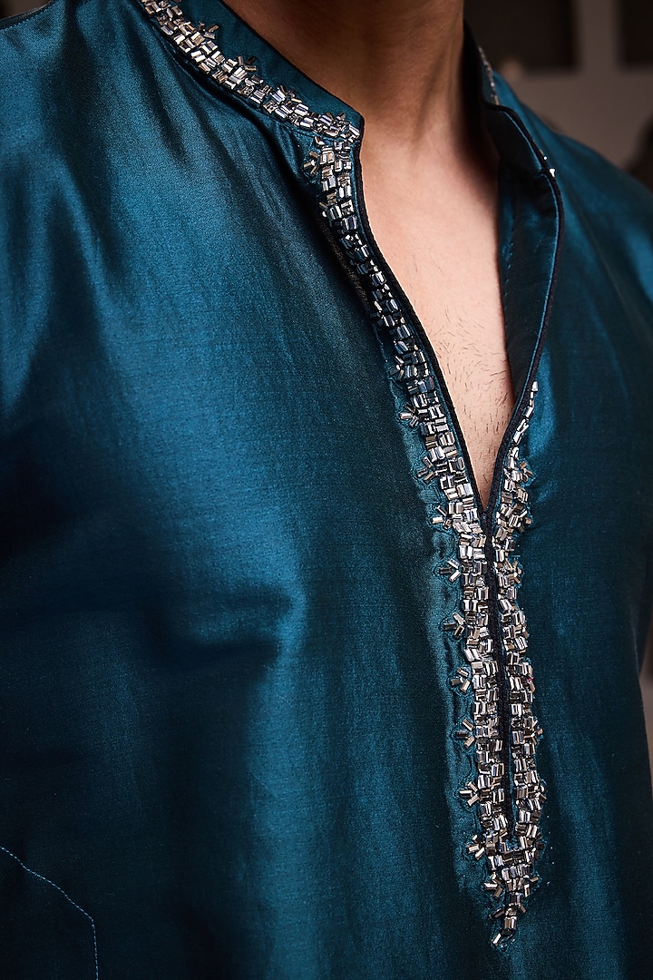 Teal Chanderi Beads Embroidered Kurta Set by NITIKA GUJRAL MEN at Pernia's Pop Up Shop