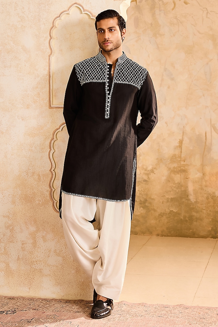 Black Chanderi Mirror Embellished High-Low Kurta Set by Histori