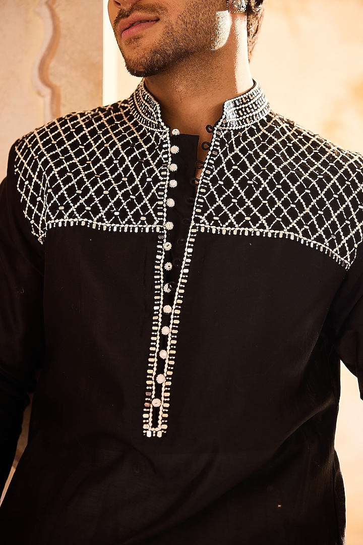 Black Chanderi Mirror Embellished High-Low Kurta Set by NITIKA GUJRAL MEN at Pernia's Pop Up Shop
