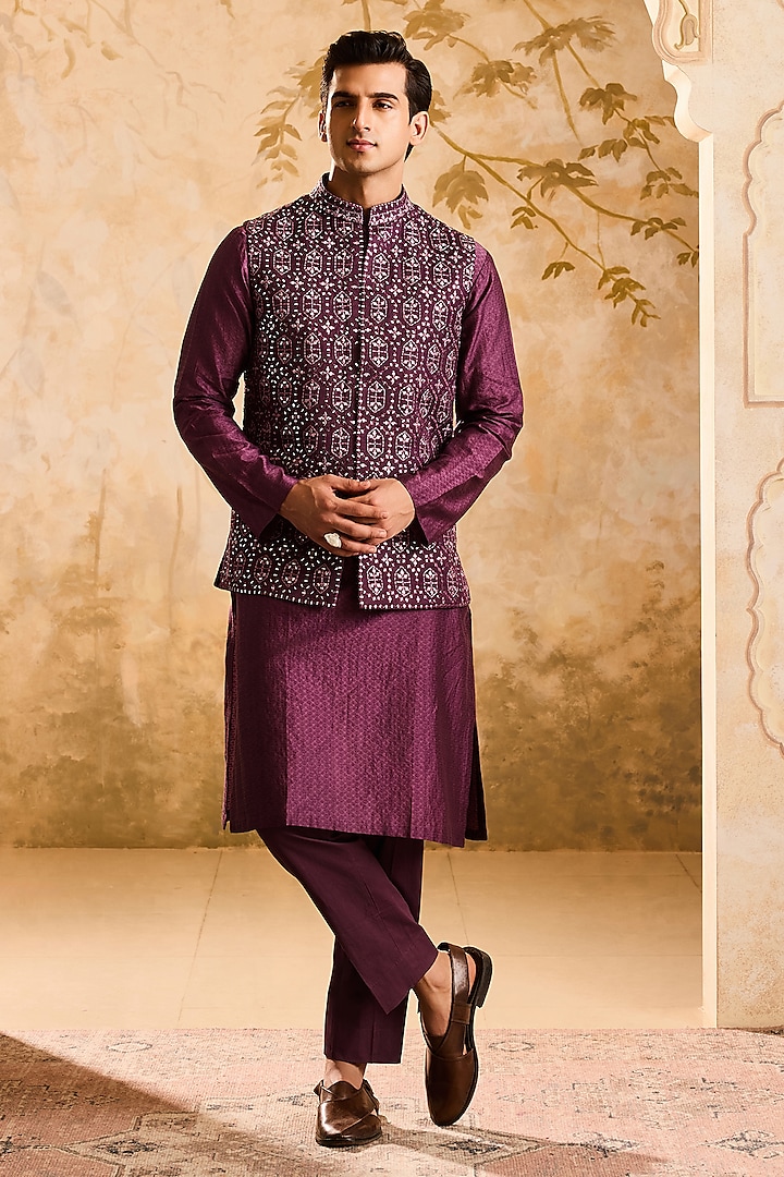 Wine Raw Silk Resham Embroidered Bundi Jacket Set by Histori